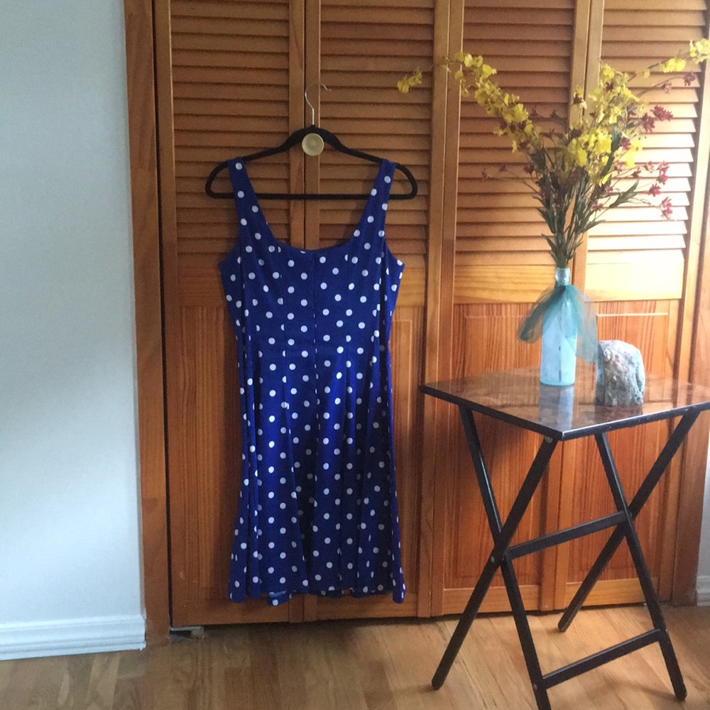 Midi flare royal blue w/ white polka dots dress ✨